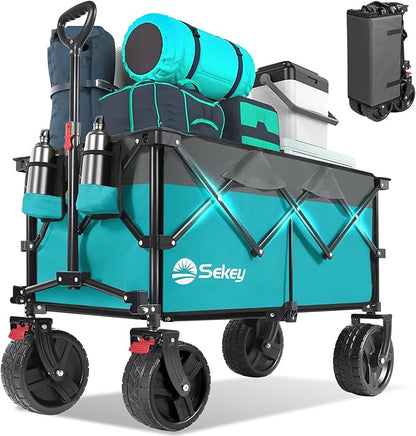 Collapsible Wagon Cart with Big All-Terrain Beach Wheels, Foldable Heavy Duty Wagons with Cup Holders, Utility Carts for Camping, Garden, Outdoor, Grocery, Sports. Turquoise