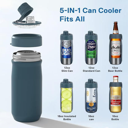 5 In 1 Beer Can Cooler Bottle Holder with Drinking Spout Lid for 12oz Regular, Slim Skinny Cans Bottles,Sealed Insulated Double Wall Vacuum Stainless Steel Can Keeps Your Drinks Cold(Blue)