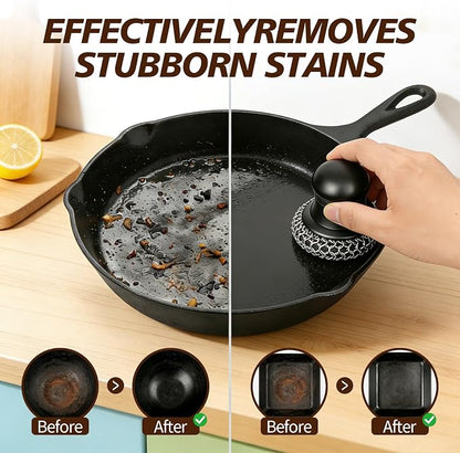 316 Upgraded Cast Iron Scrubber with Pan Scraper,Cast Iron Cleaner for Grill Pan Skillet Wok Carbon Steel,Ergonomic to Hold Easy to Use Dishwasher Safe ((Large Chain Mail))