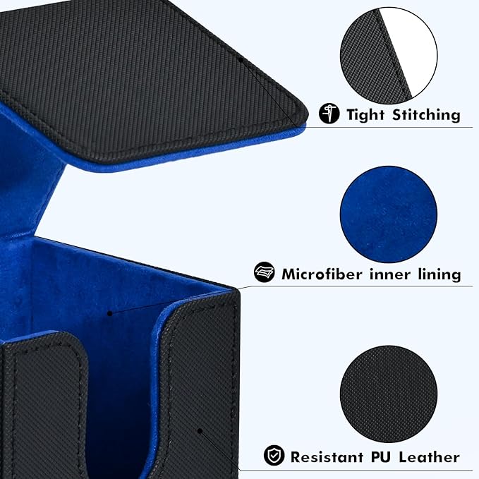 ZLCA Card Deck Box for Trading Cards, MTG YuGiOh Deck Case Holds 100+ Single Sleeved Cards, PU Leather Magnetic Card Storage Box Fits for TCG CCG Magic Game Cards (Black& Blue)