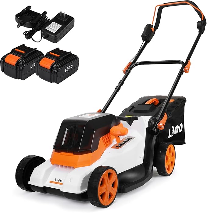 LIGO 40V Cordless Lawn Mower w/11Gal Bag & 2X4.0Ah Battery | 15" Brushless Motor, 6-Position Height (0.98"-2.95") | Walk-Behind Grass Catcher w/Patented Comb | 20V/40V Tool Compatible