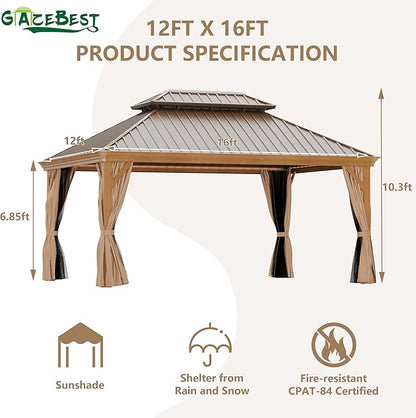 12' X 16' Hardtop Gazebo, Aluminum Wood-Looking Frame Outdoor Permanent Galvanized Steel Double Roof Pavilion Pergola Canopy with Privacy Curtains for Garden, Patio, Backyard, Deck and Lawns.