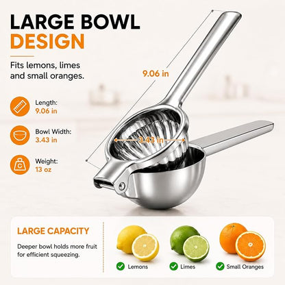 Ex-Large Lemon Squeezer, Stainless Steel Lime Citrus Juicer Hand Press | 3.43IN Extra Large Heavy Duty Handhelp Juice Squeezer For Lemon, Citrus, Orange, Perfect For Kitchen & Bar Tools