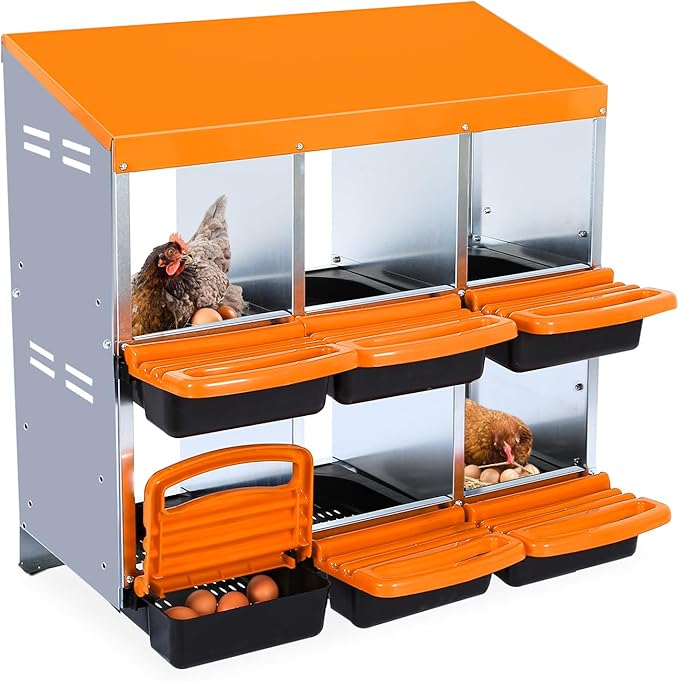 Chicken Nesting Box, 6 Compartment Roll Away Egg Laying Box for Hens, Wall Mounted & Freestanding (2 Modes of Use), Easy Egg Collection, Cleanable Pull Out Nesting Box, Org, NL