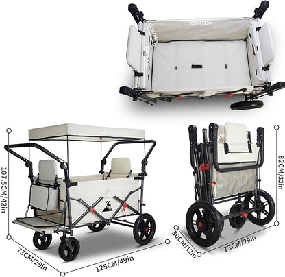 Foldable Wagon with Canopy - Collapsible Utility Cart with 2 Seats & Belts, Adjustable Handle, Expandable Front for Camping, Picnic, Shopping (Beige)