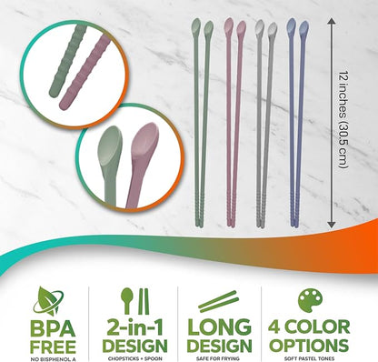 Reusable Long Silicone Cooking Chopsticks with Spoon 12 Inches 2 Pairs Set, Dishwasher Safe, BPA-free Non-Slip, Non-Scratch, Korean Japanese Kitchen Utensils (Pastel Grey 2 Set)