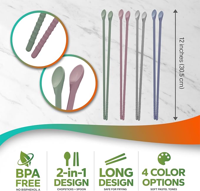 Reusable Long Silicone Cooking Chopsticks with Spoon 12 Inches 1 Pair, Dishwasher Safe, BPA-free Non-Slip, Korean, Heat Resistant, Japanese Kitchen Cookware (Pastel Green, 1 Pair )