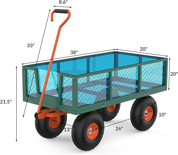 Versatile Garden Cart for Lawn and Yard with Heavy Duty Steel, 900 Lbs Capacity Mesh Steel Garden Cart Folding Utility Wagon with Removable Side Panels, Long Handle, 10" Tires - Green and Orange