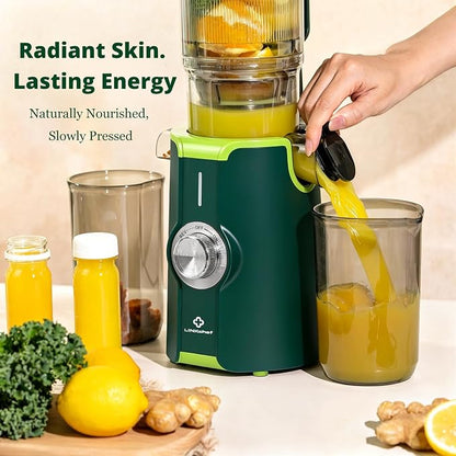 LINKChef Cold Press Juicer Machine, 4.53" Whole Fruit Slow Masticating Juicer with Auto Cutting, 200W Quiet Motor & High Juice Yield, Easy Clean Compact Juicer Extractor with Recipe Guide, Green