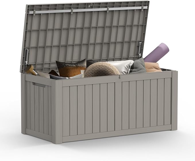 Mars Villa 119 Gallon Outdoor Storage Box, Large Resin Deck Box Waterproof, Storage Bin for Outside Patio Furniture Cushions, Pool Supplies, with Hydraulic Hinge, UV Resistant and Weatherproof, Greige