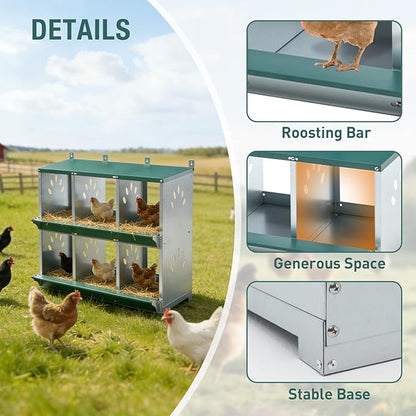 6 Compartment Metal Chicken Nesting Box, Roll Out Hen Laying Box for Easy Egg Collection, Wall Mount Poultry Nest Box for Backyard Chickens, Green, 32.09" L x 16.34" W x 26.38" H