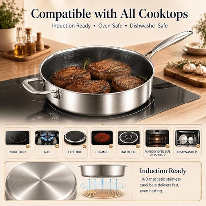 DELARLO Tri-Ply Stainless Steel 12 Inch Deep Frying Pan with lid,7QT Saute Pan Nonstick,Compatible with All Cooktops,Oven Up to 660℉,Chicken Fryer,Dishwasher-Friendly