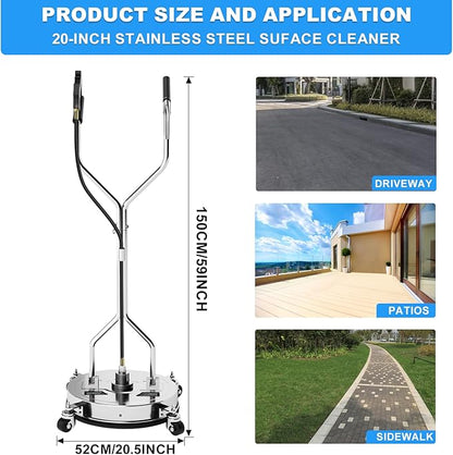 20" Pressure Washer Surface Cleaner with 304 Industrial-Grade Stainless Steel Housing, Dual Handle, Driveway Pressure Washer Attachment, 2 Replacement Nozzles, for Concrete, Sidewalk, Deck, 4500 PSI