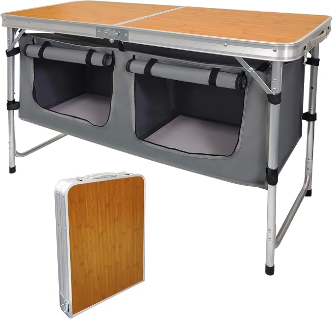 CampLand Outdoor Folding Table Aluminum Lightweight Height Adjustable with Storage Organizer for BBQ, Party, Camping