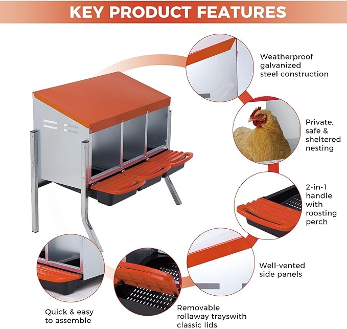 3-Compartment Metal Chicken Nesting Box with Stand – Heavy Duty Poultry Nest Box, Removable Tray & Waterproof Roof – Non-Slip Base, Easy Egg Collection & Wall Mountable – for Backyard, Farm Coop (Oran