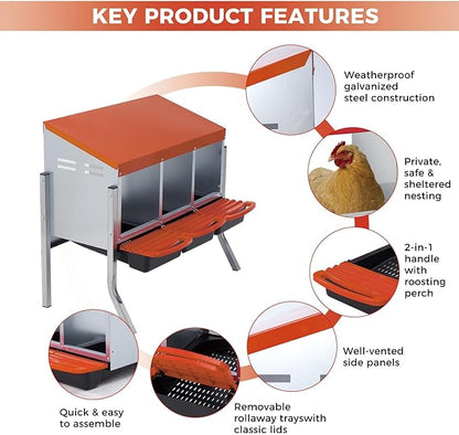3-Compartment Metal Chicken Nesting Box with Stand – Heavy Duty Poultry Nest Box, Removable Tray & Waterproof Roof – Non-Slip Base, Easy Egg Collection & Wall Mountable – for Backyard, Farm Coop (Oran