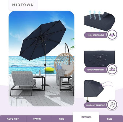 Midtown Umbrellas Sunbrella Umbrella 9 Feet Outdoor Umbrella With Canvas Navy Acrylic Fabric - Auto-Tilt Aluminum Frame Patio Umbrella For Backyard, Deck, Garden, Pool - Black Pole