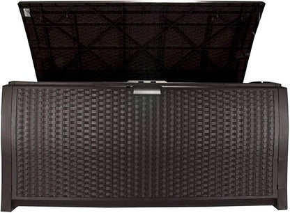 Suncast 99 Gallon Plastic Wicker Deck Box Container Storage for Garden, Garage, Home, Pool, Indoor and Outdoor Use, Mocha (2 Pack)