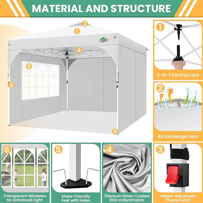 COBIZI 10x10 Pop up Canopy, Canopy Tent 10x10 with 3 Sidewalls, 1 Person Easy Set up, Tents for Parties, Outdoor Tent with Fluorescent Strip & 4 Sandbags, Waterproof, 3 Adjustable Height (White)