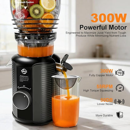 5ive Cold Press Juicer, 5.8 Inch Wide Chute Slow Masticating Extractor | 1.7 L Slow Juice Extractor for Whole Fruits Veggies, Easy Clean Electric Maker with Recipe Guide, Rate of 99% juice