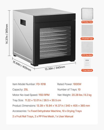 VEVOR Food Dehydrator Machine, 10 Stainless Steel Trays, 1000W Electric Food Dryer with Adjustable Temperature & 24-Hour Timer, Food-Dehydrator for Jerky, Meat, Fruit, Vegetables, Herbs, Dog Treats