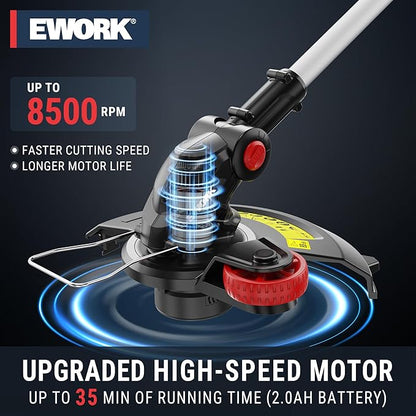 EWORK 20V Cordless String Trimmer 12-Inch Trimmer and Edger with Auto Line Feed, Electric Weed Wacker with 2.0Ah Battery and Charger & 6 Replacement Spools for Lawn, Garden, Yard, etc