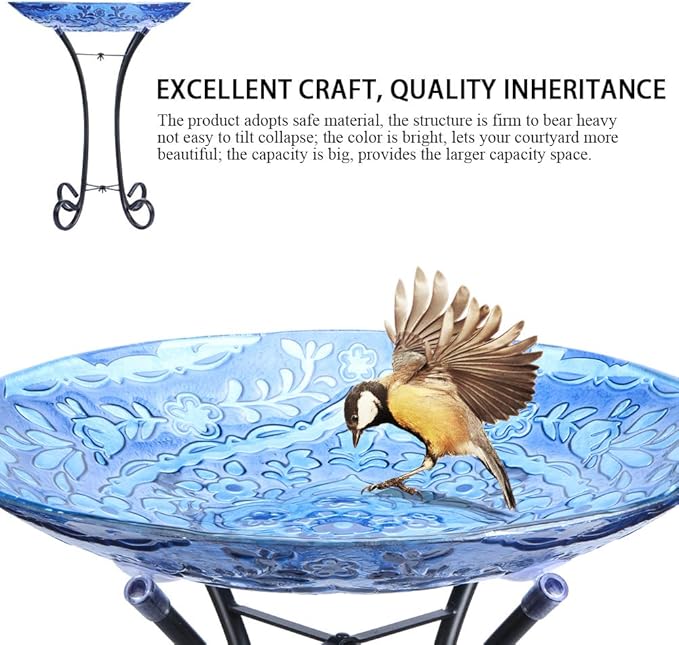 MUMTOP Outdoor Glass Birdbath with Metal Stand for Lawn Yard Garden Decor,18” Dia/21.65 Height