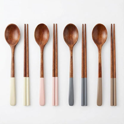 Handmade Wooden Cutlery Set by Diulazin - 4PCS Reusable Spoon and Chopsticks, High-Grade for Daily Use, Parties, Banquets, Buffets, Catering - Eco-Friendly, 9 Inch, Style A