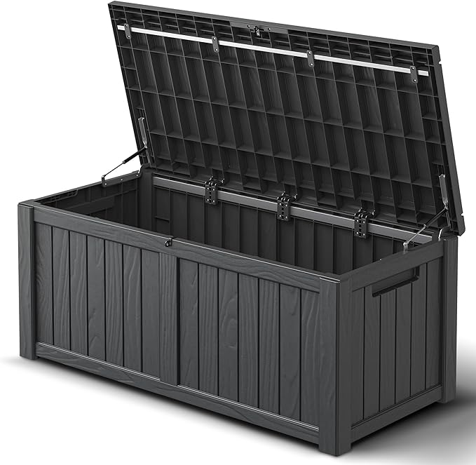 Deck Box, 120 Gallon Outdoor Storage Box Lockable Patio Waterproof for Furniture, Garden Tools, Sports Equipment and Pool Supplies, Waterproof, Resin, Lockable