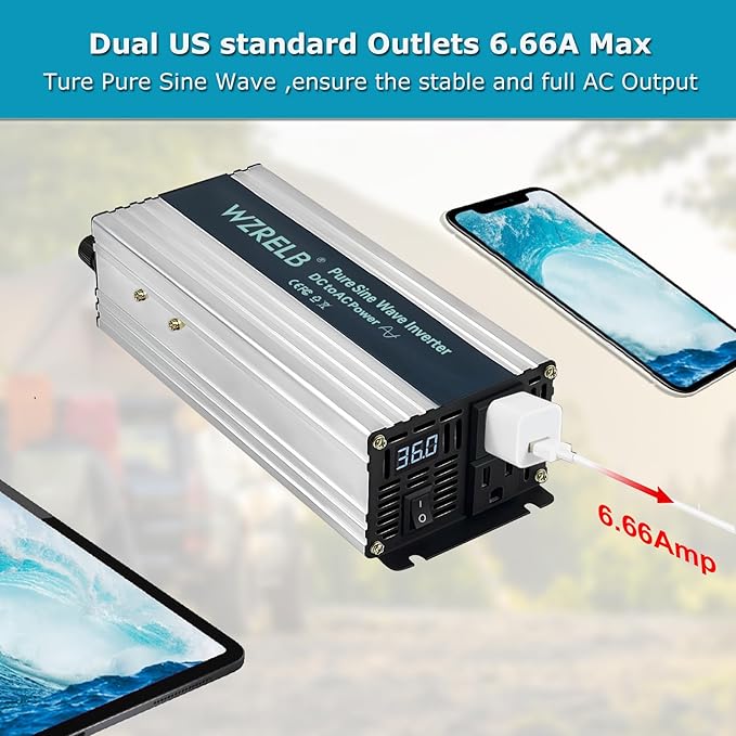 WZRELB 800W Pure Sine Wave Inverter 36V DC to 110V 120V AC Power Converter with LED Display, Off-Grid Portable Power Inverter with 2 AC Outlets for Home, RV, Truck, Camping