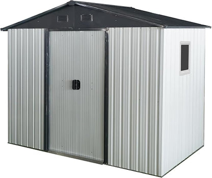 8x4 ft Outdoor Metal Storage Shed with Floor Foundation and Window, Lockable Galvanized Steel Tool Shed with Sliding Door and Air Vent, Waterproof Garden Storage House for Backyard, Patio