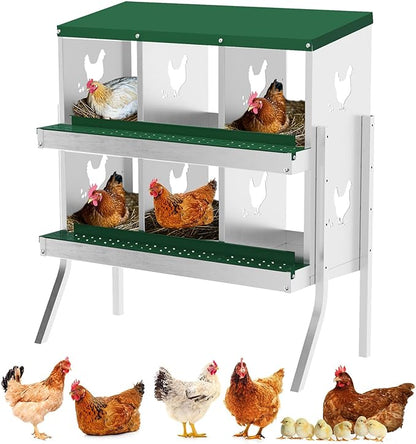6 Holes Chicken Nesting Boxes, 2 Tiers 6 Compartments Metal Egg Laying Boxes with Legs, Wall Mount or Free Standing, Ventilated for Chickens, Hens, Ducks, Farm, Yard, Poultry Coop Accessories, Green