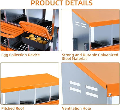 [10-Pack] Chicken Nest Box for Hens - Galvanized Steel Wall-Mounted or Freestanding Chicken Nest with Ventilation Holes - Poultry Box with Legs for Egg Laying (Orange)