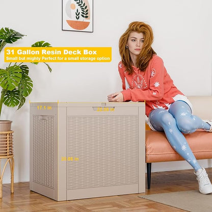 30 Gallon Wicker Pattern Resin Deck Box, Lockable Patio Outdoor Storage Box for Furniture, Garden Tools and Tools Storage, Waterproof Outside Storage Box - Grey Rattan