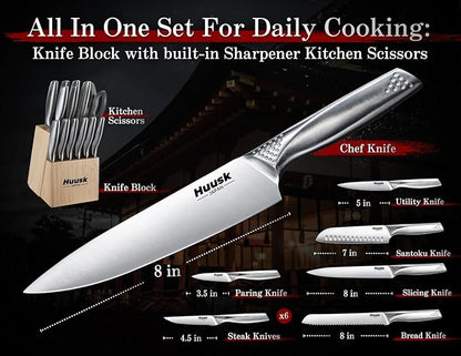 Huusk Kitchen Knife Set with Block & Built-in Sharpener - 14 pcs | Japanese Stainless Steel Knife Block Set, Sharp Chef Knife Set with Scissors, Ergonomic Handle, Gifts for Men Women