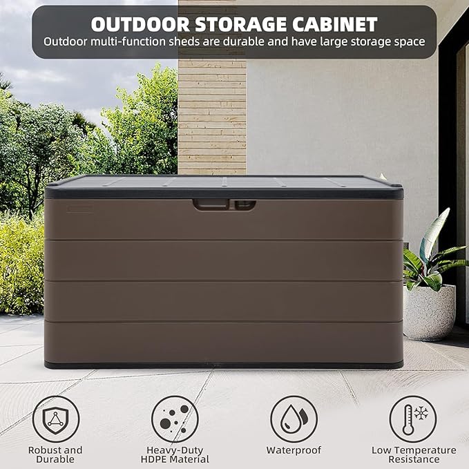 100 Gallon Plus Resin Deck Box, Waterproof Outdoor Storage Bin for Patio Furniture, Pool Accessories, and Garden Tools, Lockable & UV-Resistant, Brown