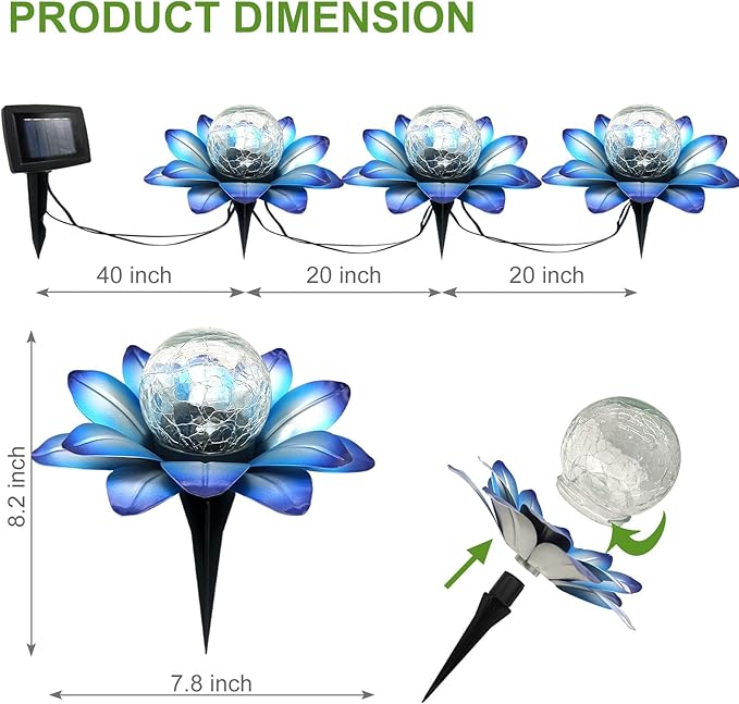 LEWIS&WAYNE Solar Garden Lights Outdoor, 3 Pcs Blue Lotus Flower Pathway Lamps with Cool White Crackle Glass Globe Led Lights for Patio Pathway Yard Balcony Garden Decorations