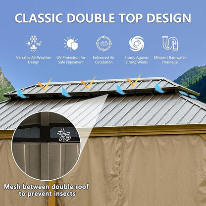 12’ x 20’ Hardtop Gazebo Outdoor Aluminum Wood Grain Gazebos with Galvanized Steel Double Canopy for Patios Deck Backyard,Curtains&Netting by domi outdoor living