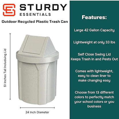 42 Gallon Round 100% Recycled Plastic Indoor or Outdoor Commercial Trash Can with Easy Access Swing Top Lid | Great for Schools and Businesses - Light Granite