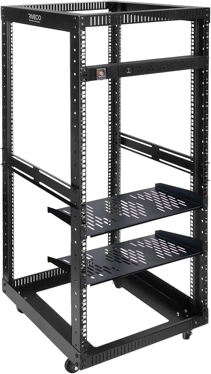 RIVECO 25U Open Frame Server Rack with Wheels + PDU (8 Outlets) Power Strip Surge Protector (2pcs Rack Shelves +1 PDU, 25U)