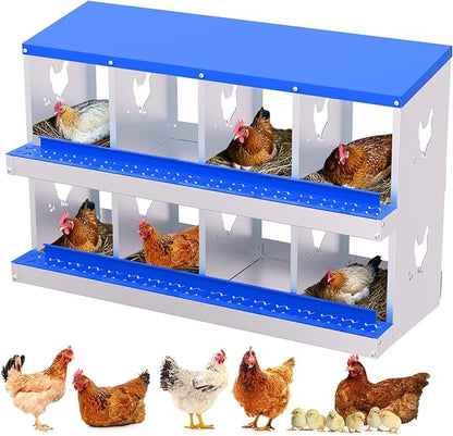 Chicken Nesting Boxes,8 Compartments Galvanized Steel Metal Laying Boxes,Pull-Out Egg Box Easy Egg Collection & Clean,Wall Mount Suitable for Farm Chicken House,Blue