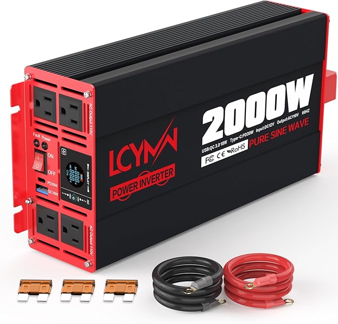 2000 Watts Pure Sine Wave Power Inverter 12V DC to 110V 120V AC Converter for Home RV Off Grid Truck Solar System Inverters with Type-C PD30W USB QC3.0 Port 4 AC Outlets LCD Display and Remote Control