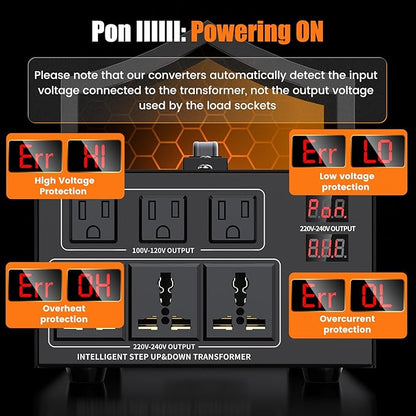 8000W Voltage Converter Transformer Step Up 110V/120V to220V/240V or Step Down 220V to 110V AC Power Converte, Circuit Breaker Protection, 3 US sockets, 3 Universal sockets, LCD Display