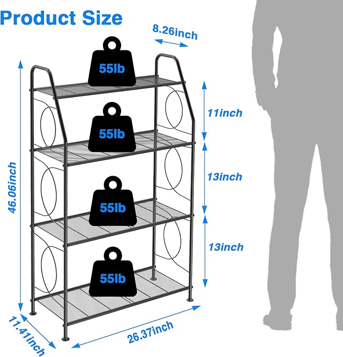 Plant Stand, 4 Tier Plant Shelf for Indoor Outdoor, Heavy Duty Metal Tall Plant Stands Holder Rack for Living Room Balcony and Garden, Black