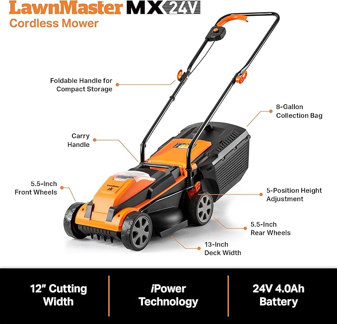 LawnMaster 24VMWBL 24V Max 13-inch Cordless Lawn Mower and Cordless Leaf Blower Combo with 2x4.0Ah Batteries and Charger
