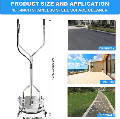 16.5" Pressure Washer Surface Cleaner with 304 Industrial-grade Stainless Steel Housing, Dual Handle, Driveway Pressure Washer Attachment, 2 Replacement Nozzles, for Concrete, Sidewalk, Deck, 4500 PSI