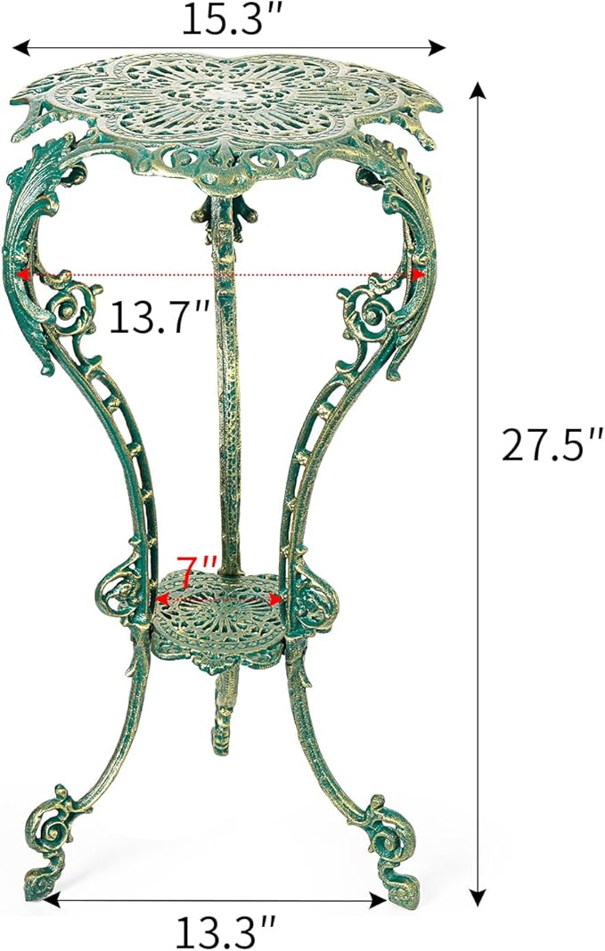 Sungmor Vintage Cast Iron Plant Stand - Ornate Green Pedestal Table for Indoor Outdoor Garden, 27.5" Antique Metal Flower Pot Holder, Victorian Style Plant Display Stand - Patio, Porch, Balcony Décor