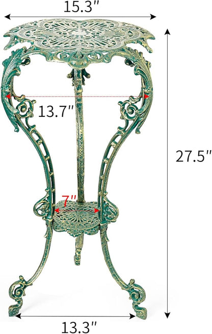 Sungmor Vintage Cast Iron Plant Stand - Ornate Green Pedestal Table for Indoor Outdoor Garden, 27.5" Antique Metal Flower Pot Holder, Victorian Style Plant Display Stand - Patio, Porch, Balcony Décor