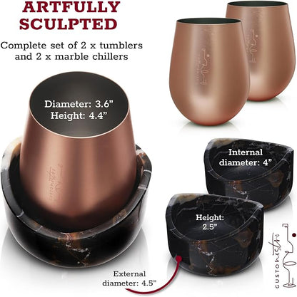 Gusto Nostro Marble Wine Chiller for Glass and Stainless Steel Tumbler Set of 2 - Wine Glass Chiller Holder for Freezer - Cool Set Chillers & Stemless Wine Metal Tumblers for Home,Bar (RoseGold Black)