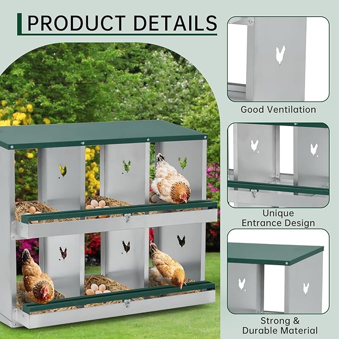 Chicken Nesting Boxes, 4-Hole Nesting Boxes for Chicken Coop with Lid, Metal Laying Boxes for Hens with Swing Perch and Roll Away Egg Collection for Chicken Coop, Double Layer 4 Compartments